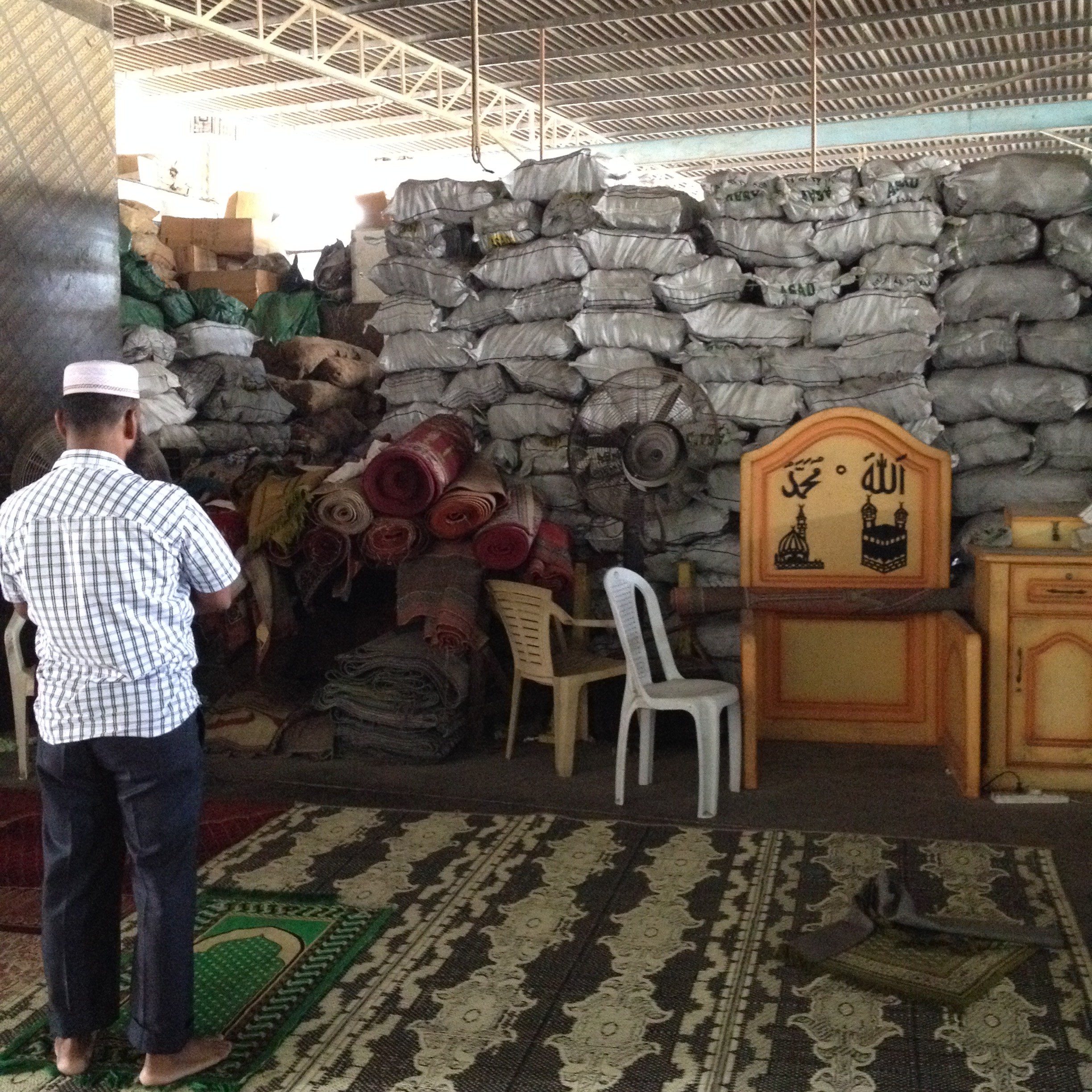 The five daily prayers are sometimes the only breaks that workers gets off work. In this picture, we see a praying space set up at the workplace.