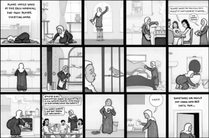 A strip from a graphic illustrating the experience of Almaz, an Ethiopian worker in Saudi Arabia 